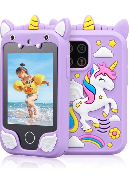 Çocuklar Için Eğitici Telefon Dokunmatik Ekran Çift Kameralı Fenerli Müzik Çalar Oyun Video Mor ( Lisinya )