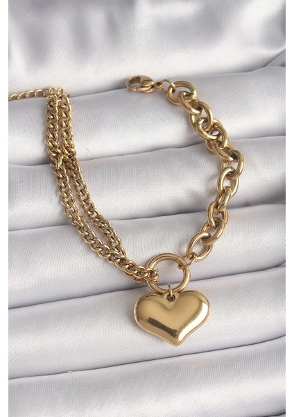 316L Çelik Gold Renk 2'li Zincir Model Kalp Figür Kadın Bileklik - Lisinya