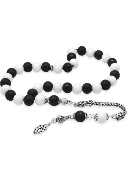 925 Ayar Gümüş Foxtail Püsküllü Küre Kesim Siyah Beyaz Jade Ayyıldız Oniks Doğaltaş Taraftar Tesbih