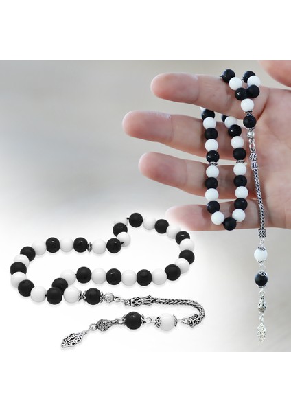 925 Ayar Gümüş Foxtail Püsküllü Küre Kesim Siyah Beyaz Jade Ayyıldız Oniks Doğaltaş Taraftar Tesbih fiyatları