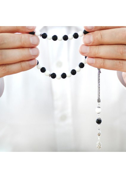 925 Ayar Gümüş Foxtail Püsküllü Küre Kesim Siyah Beyaz Jade Ayyıldız Oniks Doğaltaş Taraftar Tesbih modelleri