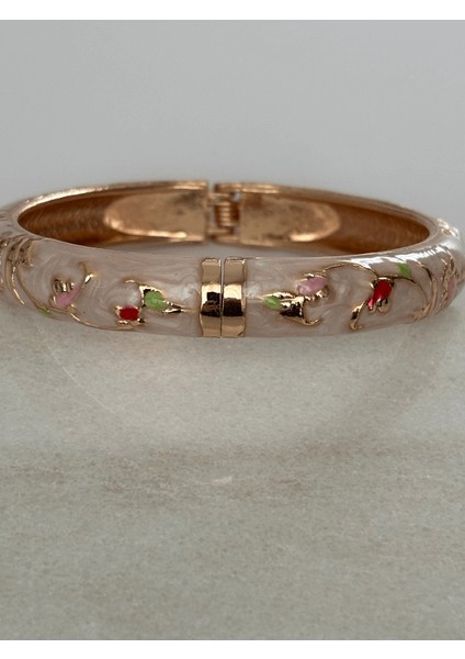 Pembe Yansımalı Sedefli Çok Renkli Çiçekli Mineli Kelepçe