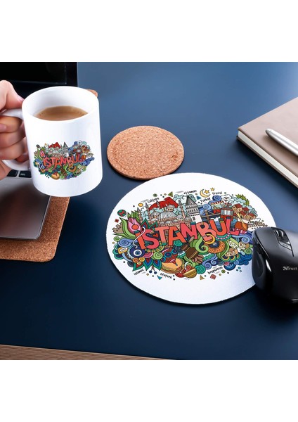 Simgeleri Tasarımlı Kupa Fincan ve Mouse Pad Seti 20 x 20 cm