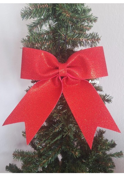 Yılbaşı Kırmızı Eva Fiyonk Kurdele 24X26 cm Parlak Simli Yılbaşı Temalı Çam Ağacı Süsü Ağaç Dekoru