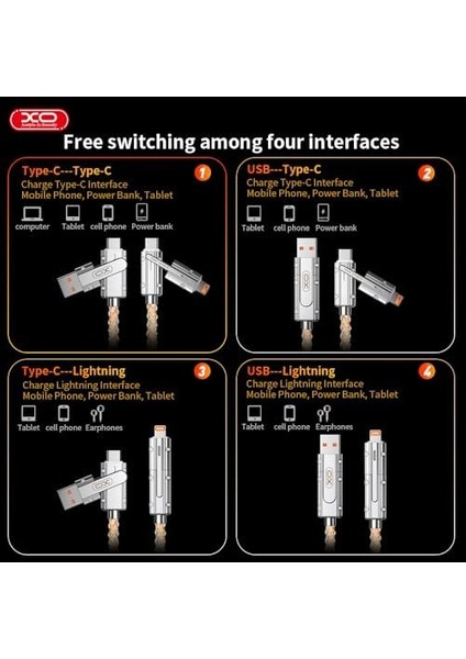 Xo 4&apos;ü 1 Arada 60W Type-C Lightning Şarj ve Data Kablosu, 100 Cm, Rgb, Özel Çinko Alaşım, Deri Organizer, 4 Başlıklı, Yüksek Hızlı Veri Aktarımı, NB276, Şeffaf fiyatları