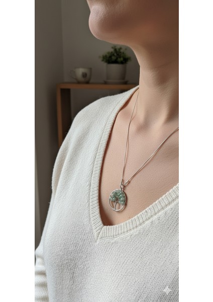 Hayat Ağacı Tasarımlı Aventurin Doğal Taş Zincirli Kolye - Yeşil Şifa Enerjisi