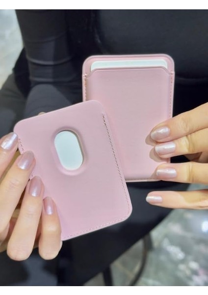 [deri Manyetik Cüzdan] Mag-Safe For Uyumlu Deri Mıktanıslı Mikro Dokuma Kartlık (Pudra Pembe) modelleri