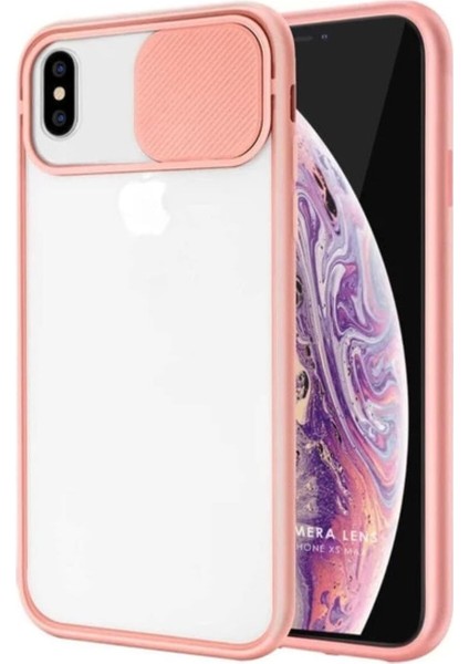 Xr Kılıf Kamera Lens Sürgülü Korumalı, Kenar Renkli, Arkası Buzlu Şeffaf Kapak (Kırmızı)