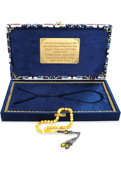 Damla Kehribar Tesbih - 1000 Ayar Gümüş Kazaz Püsküllü - King Seccer - Premium Kutulu - Küre Kesim