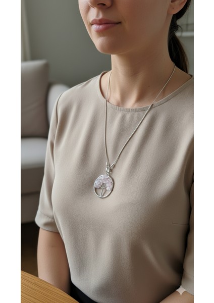 Hayat Ağacı Pembe Kuvars Kolye - Doğal Taşlı Zincirli Şıklık - Kadın Takı