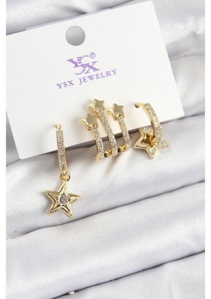 Pirinç Zirkon Taşlı Sallantılı Yıldız Model Gold Renk 3'lü Kadın Küpe - Lisinya