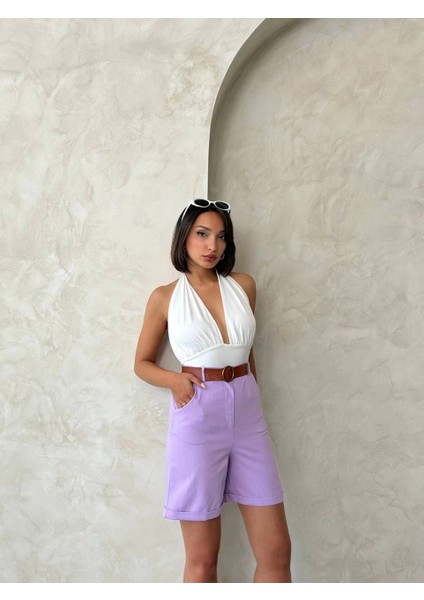 Kemerli Gabardin Şort Lila S25735
