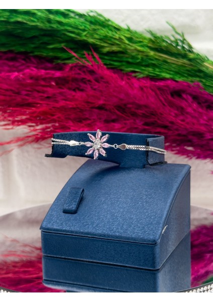 925 Ayar Gümüş Pembe Kuvars Taşlı Özel Üretim Lotus Modeli Zarif Kadın Bileklik