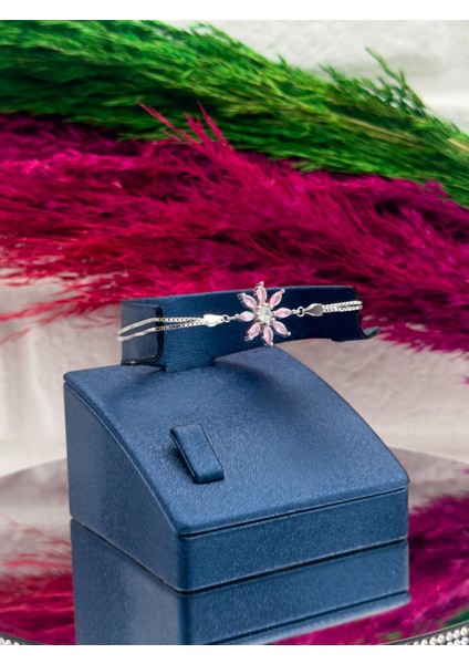 925 Ayar Gümüş Pembe Kuvars Taşlı Özel Üretim Lotus Modeli Zarif Kadın Bileklik fiyatları