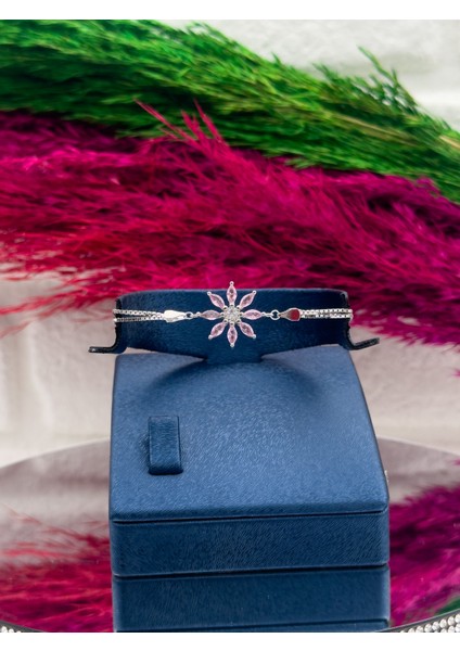 925 Ayar Gümüş Pembe Kuvars Taşlı Özel Üretim Lotus Modeli Zarif Kadın Bileklik modelleri