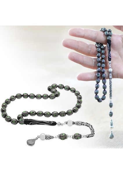 925 Ayar Gümüş Kral Zincir Püsküllü Gümüş Mine Işlemeli Arpa Kesim Erzurum Oltu Taşı Tesbih fiyatları