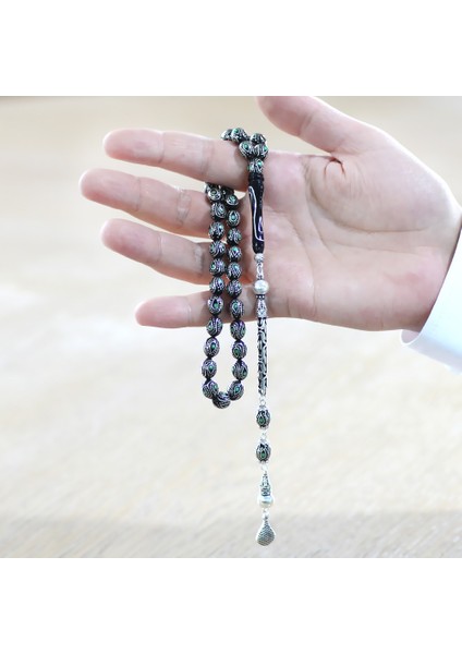 925 Ayar Gümüş Kral Zincir Püsküllü Gümüş Mine Işlemeli Arpa Kesim Erzurum Oltu Taşı Tesbih fırsatları