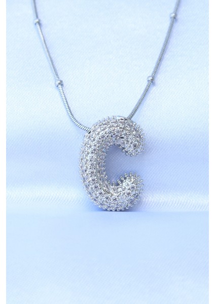 316L Çelik Zincirli Zirkon Taşlı C Harfli Gümüş Renk Bubble Kolye - Lisinya