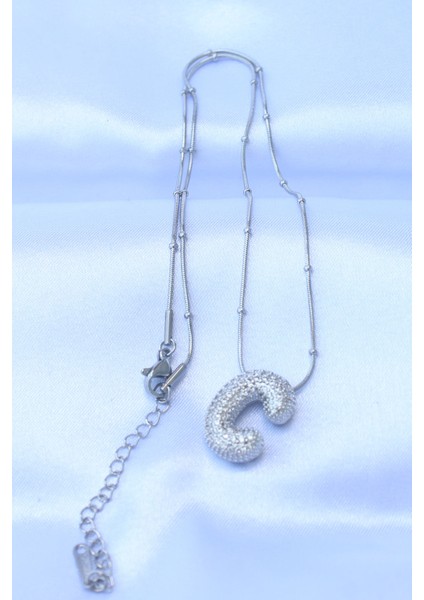 316L Çelik Zincirli Zirkon Taşlı C Harfli Gümüş Renk Bubble Kolye - Lisinya fiyatları