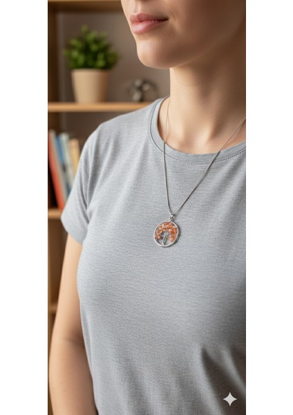 Hayat Ağacı Akik Taşlı Kolye - Zincirli Tasarım, Doğal Taş Enerjisi