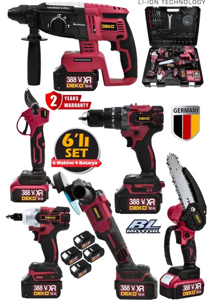 388VF Kömürsüz Brushless 6'lı Set 4 Akülü Somun Sökme-Taşlama-Darbeli Vidalama-Dal Budama & Makas