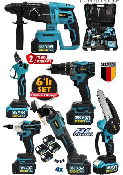 388VF Kömürsüz Brushless 6'lı Set 4 Akülü Somun Sökme-Taşlama-Darbeli Vidalama-Dal Budama & Makas fiyatları