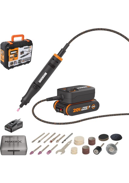 WX739 20VOLT 2.0AH. Kömürsüz Profesyonel Tipi Devir Ayarlı Gravür Seti + 34 Parça Aksesuar
