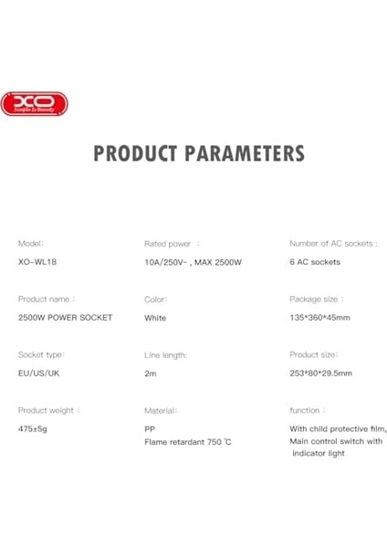WL18 Akım Korumalı 6&apos;lı Priz, Tr Priz Uyumlu, Eu/us/uk, 6 Evrensel Priz, 2 Metre Kablo, 2500W, Her Giriş Için Açma Kapama Anahtarlı, Alev Geciktirici Malzeme, Yüksek Gerilim Koruma, Beyaz modelleri