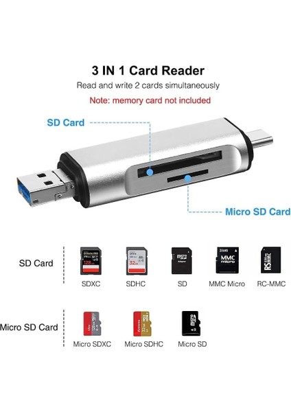 ADS-103 Uyumlu Type-C To USB 3.0 Otg Veri Aktarım Sd Tf Tak Çalıştır Kart Okuyucu Çevirici Hub modelleri