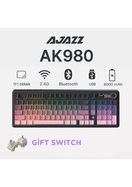 Ajazz AK980 Kablosuz Hot-Swap Tft Ekranlı Mekanik Oyun Klavyesi 8.000 Mah Batarya Pembe - Switch fiyatları