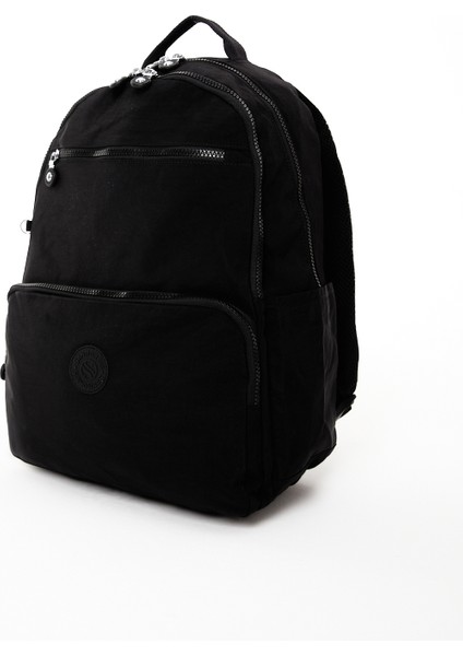Sanmorris Glc Unisex Suya Dayanıklı Orta Boy Krinkıl Kumaş Çok Gözlü Siyah Laptop Okul ve Seyahat Sırt Çantası