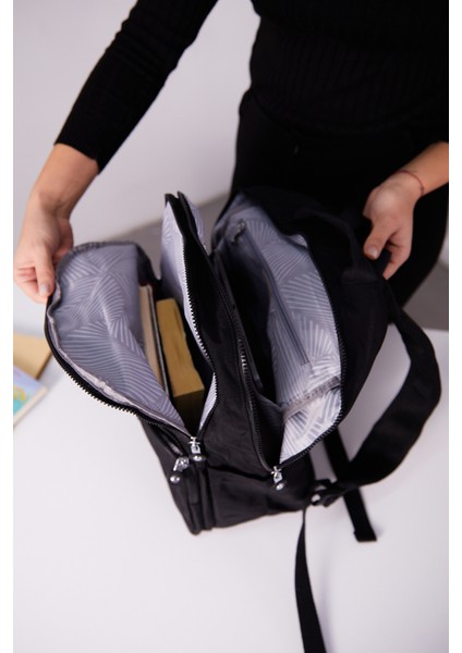 Sanmorris Glc Unisex Suya Dayanıklı Orta Boy Krinkıl Kumaş Çok Gözlü Siyah Laptop Okul ve Seyahat Sırt Çantası modelleri