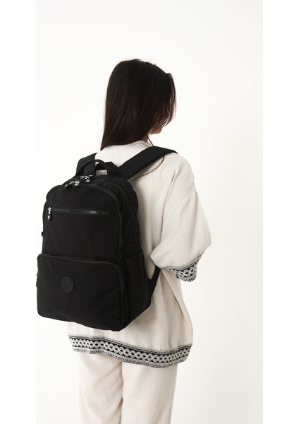 Sanmorris Glc Unisex Suya Dayanıklı Orta Boy Krinkıl Kumaş Çok Gözlü Siyah Laptop Okul ve Seyahat Sırt Çantası