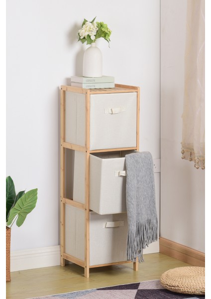 Doğal Bambu 3 Çekmeceli Düzenleyici Dolap – 110 cm Çok Amaçlı Raf Ünitesi – Banyo, Yatak Odası ve Mutfak Organizer