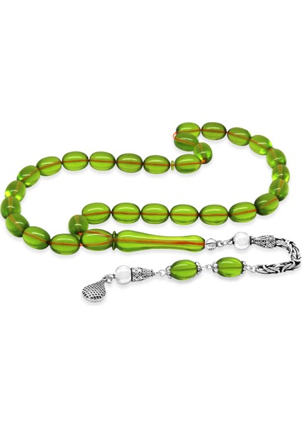925 Ayar Gümüş Kral Zincir Püsküllü Sülün Imame Beyzi Kesim Yeşil Katalin Tesbih