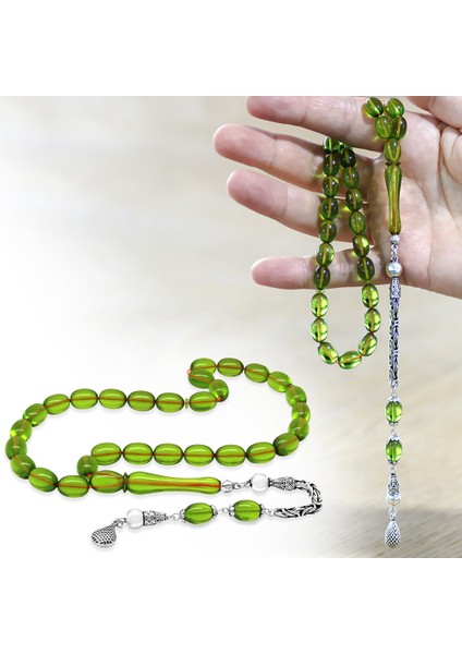 925 Ayar Gümüş Kral Zincir Püsküllü Sülün Imame Beyzi Kesim Yeşil Katalin Tesbih fiyatları