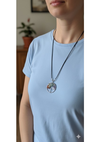 Hayat Ağacı Çakra Kolye - Siyah Zincirli, Enerji Dengeleyici Takı