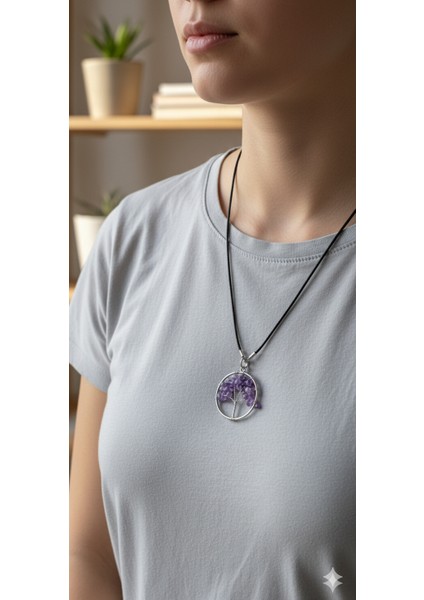 Hayat Ağacı Ametist Kolye - Siyah Paslanmaz Çelik Zincirli Doğal Taş Takı