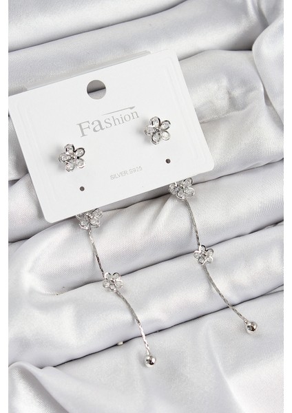 Pirinç Zirkon Taşlı Sallantılı Çiçek Model Gümüş Renk 925 Ayar Gümüş Çivi Kadın Küpe - Lisinya