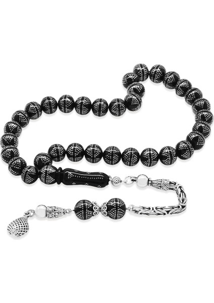 Erzurum Oltu Taşı Tesbih - 925 Ayar Gümüş Kral Püsküllü - Yoğun Gümüş Yıldız Işlemeli - Küre Kesim