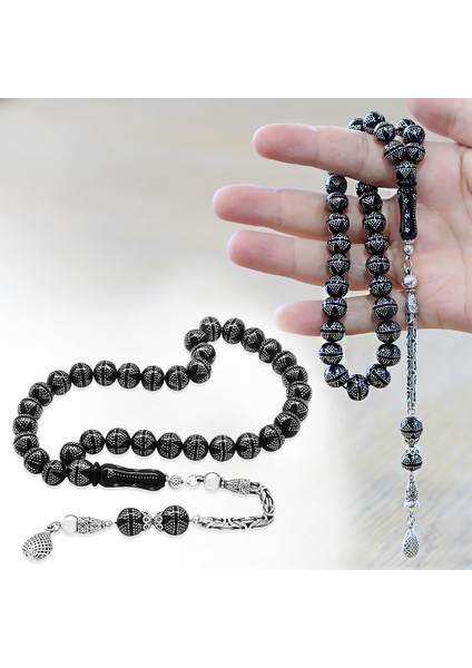 Erzurum Oltu Taşı Tesbih - 925 Ayar Gümüş Kral Püsküllü - Yoğun Gümüş Yıldız Işlemeli - Küre Kesim fiyatları