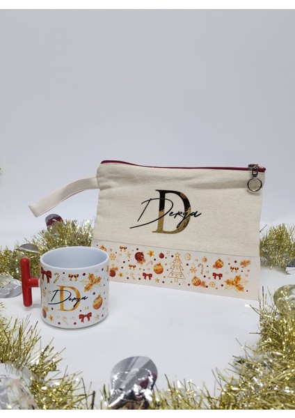 Isme Özel Kişiye Özel Gold Detaylı Yılbaşı T Kupa Bardak Latte Fincanı Clutch Çanta Hediye Seti