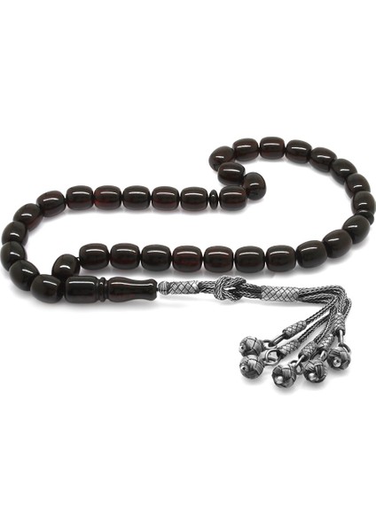 Premium Kutulu Gümüş Kazaz Püsküllü Kapsül Kesim Maxi Boy Kırmızı Renk Doğal Damla Kehribar Tesbih fiyatları