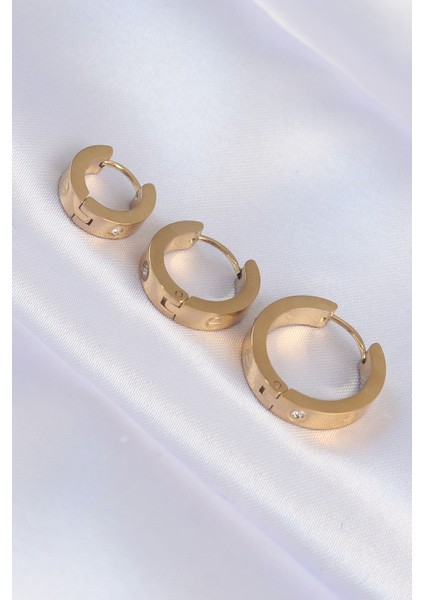 316L Çelik Gold Renk Zirkon Taşlı Model 3lü Halka Küpe - Lisinya