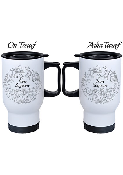 Kişiye Özel Kulplu Çelik Termos Bardak Seyahat Temalı