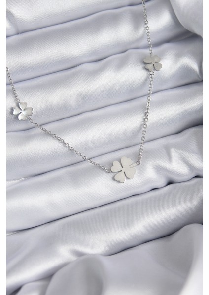 316L Çelik Zincir Gümüş Renk Yonca Model Kadın Kolye - Lisinya