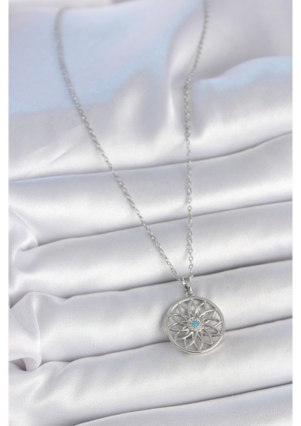 316L Çelik Gümüş Renk Zincir Mavi Taşlı Lotus Model Kadın Kolye - Lisinya fiyatları
