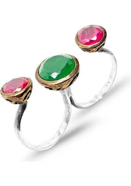 Otantik Yakut Zümrüt Taşlı Ikili Bağlantılı Gümüş Kadın Yüzük