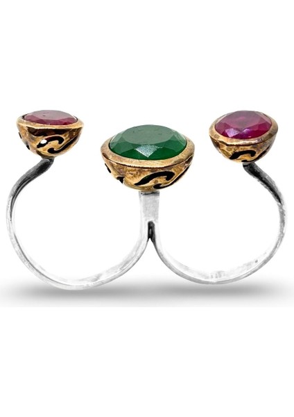 Otantik Yakut Zümrüt Taşlı Ikili Bağlantılı Gümüş Kadın Yüzük fiyatları