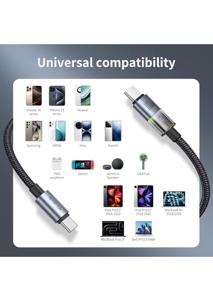 CA-8200 Type-C To Type-C 100W 7 Renkli LED Işıklı Şarj Data Kablosu fiyatları